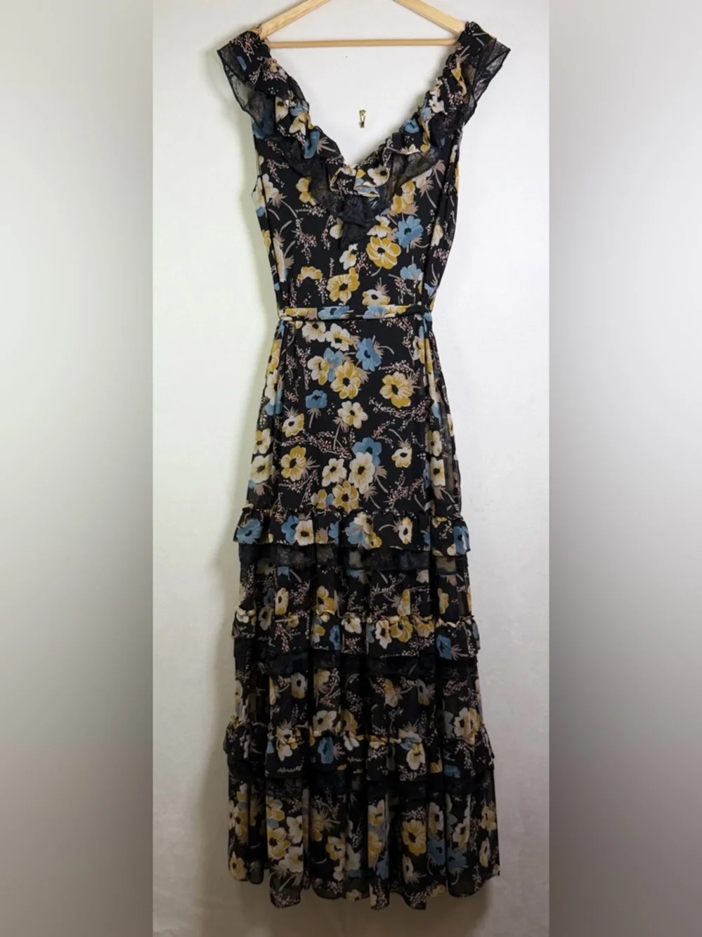Ralph Lauren Women’s Floral Tiered Georgette Gown Sz 16 Romantic Lace Trim - Picture 9 of 15